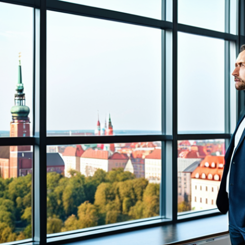 Home 6 A professional Polish civil servant, male, mid-30s, clean-cut, wearing a modest dark business suit and a light-colored shirt. He is standing thoughtfully in a modern, bright, and spacious government office interior, with a large window overlooking a Polish cityscape. A large digital display in the background shows complex data visualizations. His expression is serious and focused, conveying analytical depth. High-resolution professional photography, sharp focus, vibrant yet professional lighting, cinematic composition. fully clothed, appropriate attire, professional dress, safe for work, appropriate content, perfect anatomy, correct proportions, natural pose, well-formed hands, proper finger count, natural body proportions, family-friendly.
