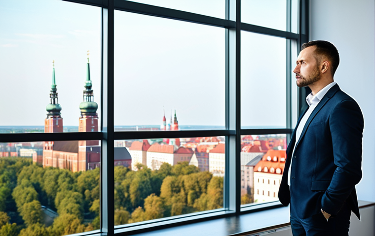 A professional Polish civil servant, male, mid-30s, clean-cut, wearing a modest dark business suit and a light-colored shirt. He is standing thoughtfully in a modern, bright, and spacious government office interior, with a large window overlooking a Polish cityscape. A large digital display in the background shows complex data visualizations. His expression is serious and focused, conveying analytical depth. High-resolution professional photography, sharp focus, vibrant yet professional lighting, cinematic composition. fully clothed, appropriate attire, professional dress, safe for work, appropriate content, perfect anatomy, correct proportions, natural pose, well-formed hands, proper finger count, natural body proportions, family-friendly.