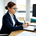 A determined Polish professional candidate, mid-30s, in modest, professional business casual attire, seated at a tidy modern desk in a well-lit home office. The desk is organized with law books, binders, a laptop displaying a civil service exam website, and a meticulously crafted mind map. The subject is engaged in active study, making notes with a focused yet calm expression, embodying deep concentration and strategic thinking. Medium shot, natural light, high resolution, detailed, professional photography. fully clothed, appropriate attire, safe for work, perfect anatomy, correct proportions, natural pose, professional, modest, family-friendly, well-formed hands, proper finger count, natural body proportions, appropriate content.