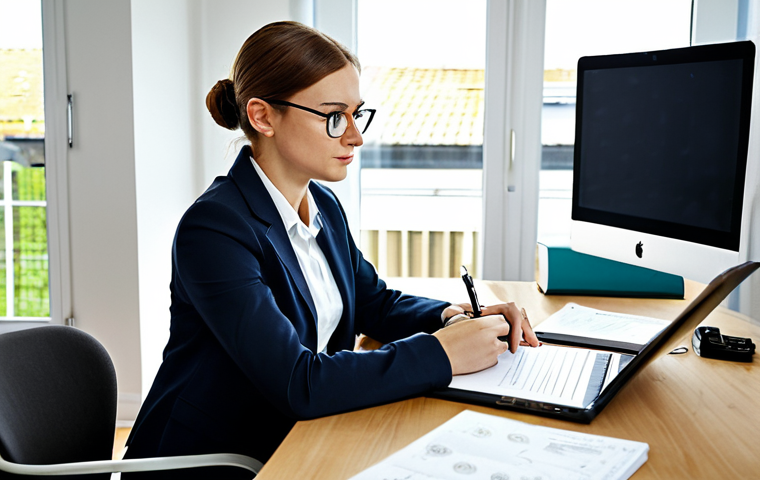 A determined Polish professional candidate, mid-30s, in modest, professional business casual attire, seated at a tidy modern desk in a well-lit home office. The desk is organized with law books, binders, a laptop displaying a civil service exam website, and a meticulously crafted mind map. The subject is engaged in active study, making notes with a focused yet calm expression, embodying deep concentration and strategic thinking. Medium shot, natural light, high resolution, detailed, professional photography. fully clothed, appropriate attire, safe for work, perfect anatomy, correct proportions, natural pose, professional, modest, family-friendly, well-formed hands, proper finger count, natural body proportions, appropriate content.